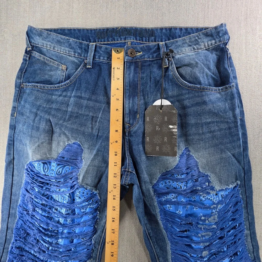 Rutherford Distressed Jeans Men 38 Blue Paisley Bandana Patch Streetwear Denim